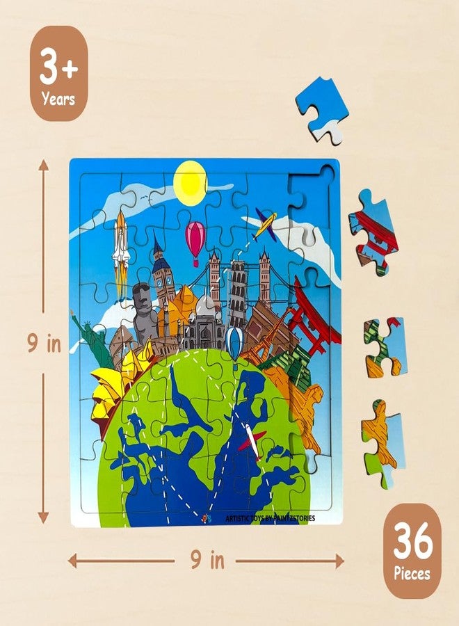 PAINTZSTORIES أحجية خشبية من PAINTZSTORIES لأشهر معالم العالم | مجموعة واحدة من 36 قطعة | أحجية تعليمية لتنمية المهارات الإدراكية والحركية | هدية عيد ميلاد للأطفال | 3 سنوات فما فوق | الحجم 9*9 بوصة - Image 2